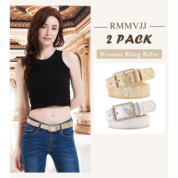 Women Bling Gold Silver Belt Leather Belts Pants Jeans Dresses Belts Shiny✨